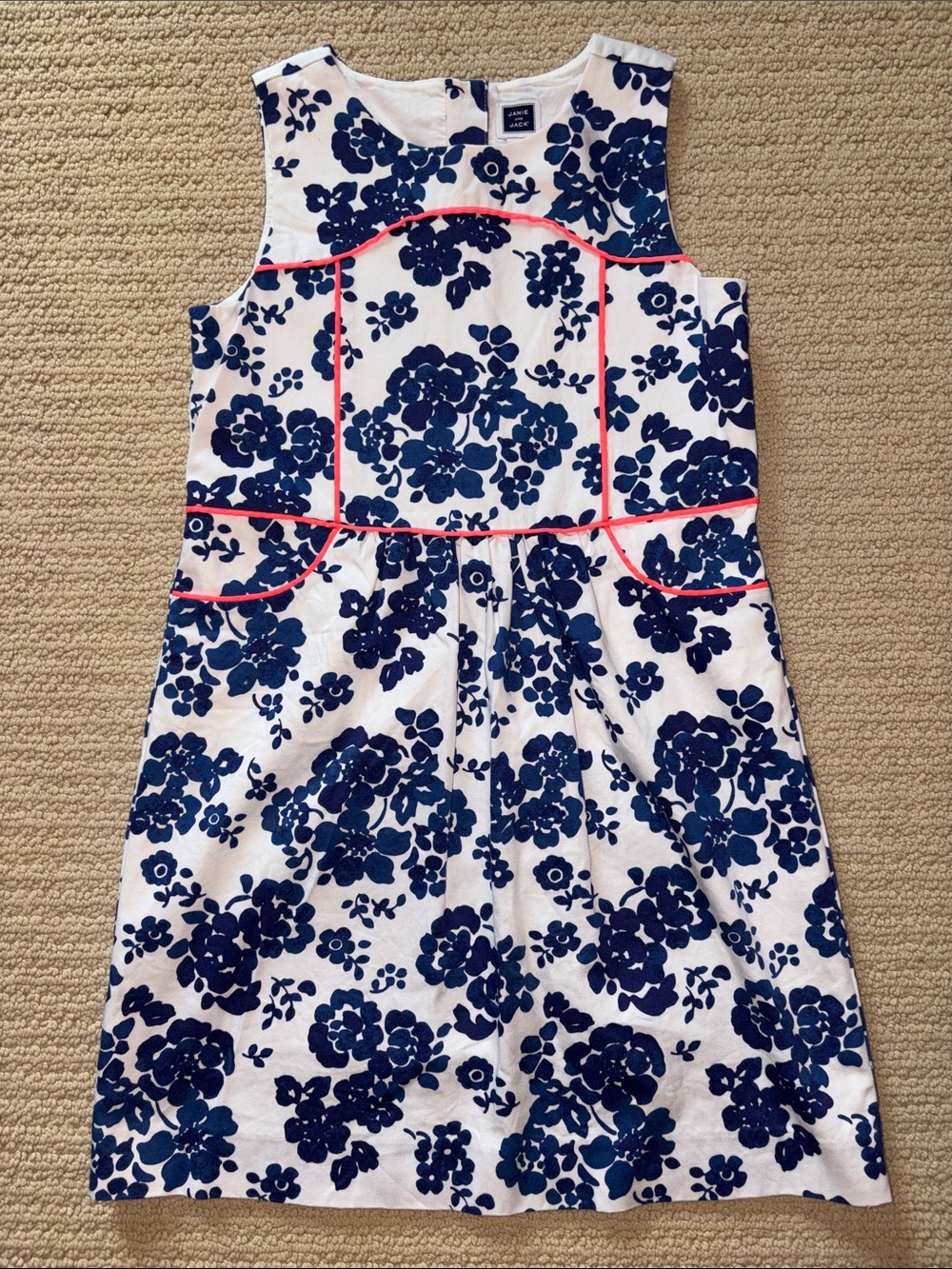Janie and Jack White Dress with Navy Floral Pink Piping size 10 excellent